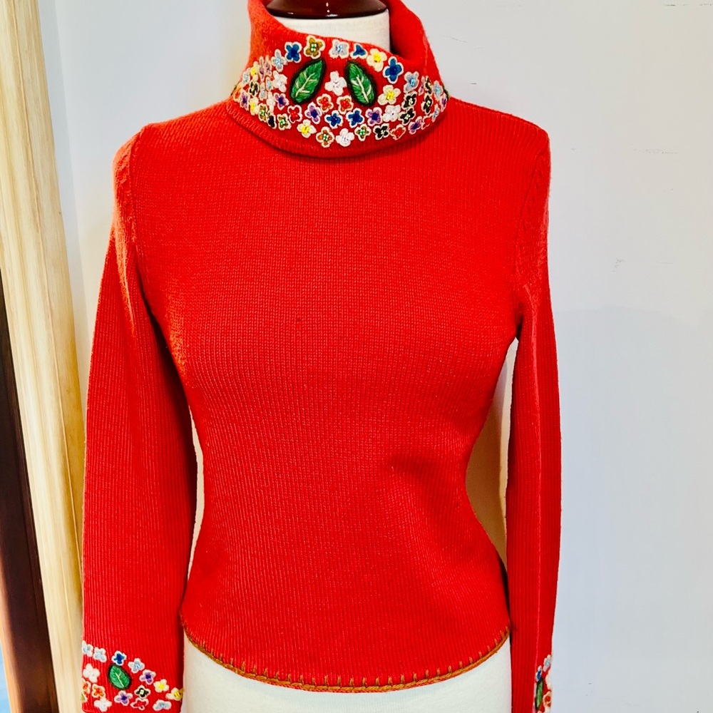Bibelot Vibrant Red Turtleneck Sweater with Floral Details